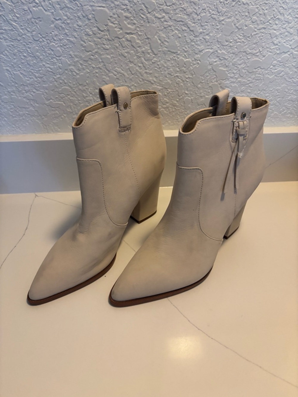 Sam Edelman Cream Pointed Toe Block Heel Ankle Boots